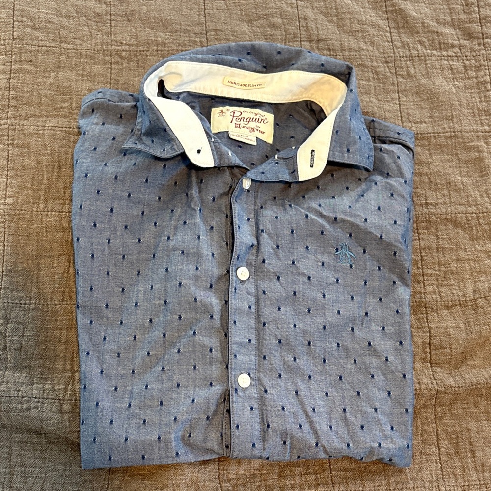 Original Penguin Men's Denim Blue Dotted Shirt